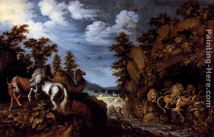 A Rocky Landscape With A Stallion, Bull And Camel Overlooking A Lion's Den painting - Roelandt Jacobsz Savery A Rocky Landscape With A Stallion, Bull And Camel Overlooking A Lion's Den art painting